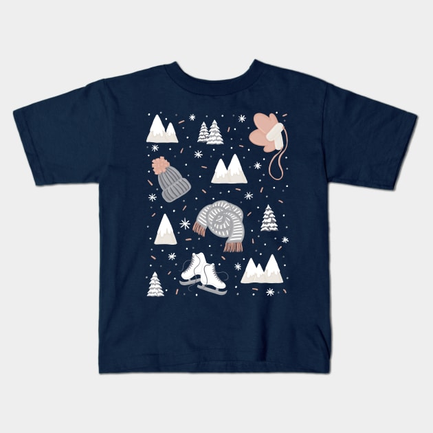 Wrap Up Warm Knitwear Ice-Skates Mountain Trees Cute Winter Pattern Digital Illustration Kids T-Shirt by AlmightyClaire